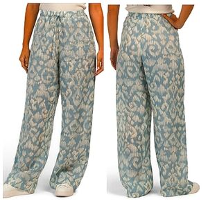 Zara Women's White Blue high waist Drawstring Wide Leg Ramie pants size Medium